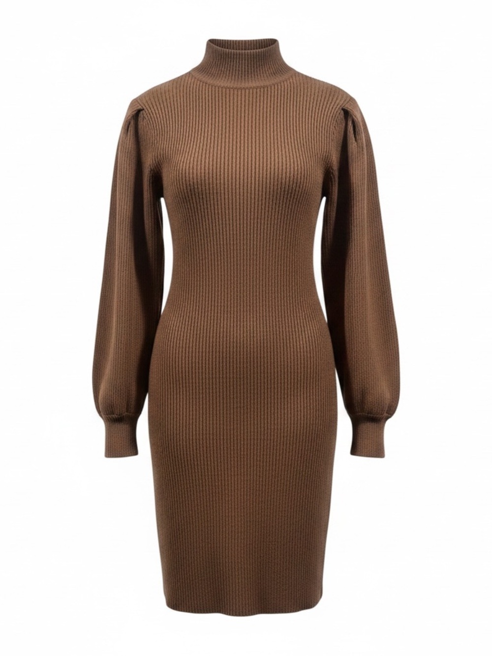 ANRABESS Ribbed Sweater Dress Brown Mock Neck Balloon Sleeve Size Large NWT